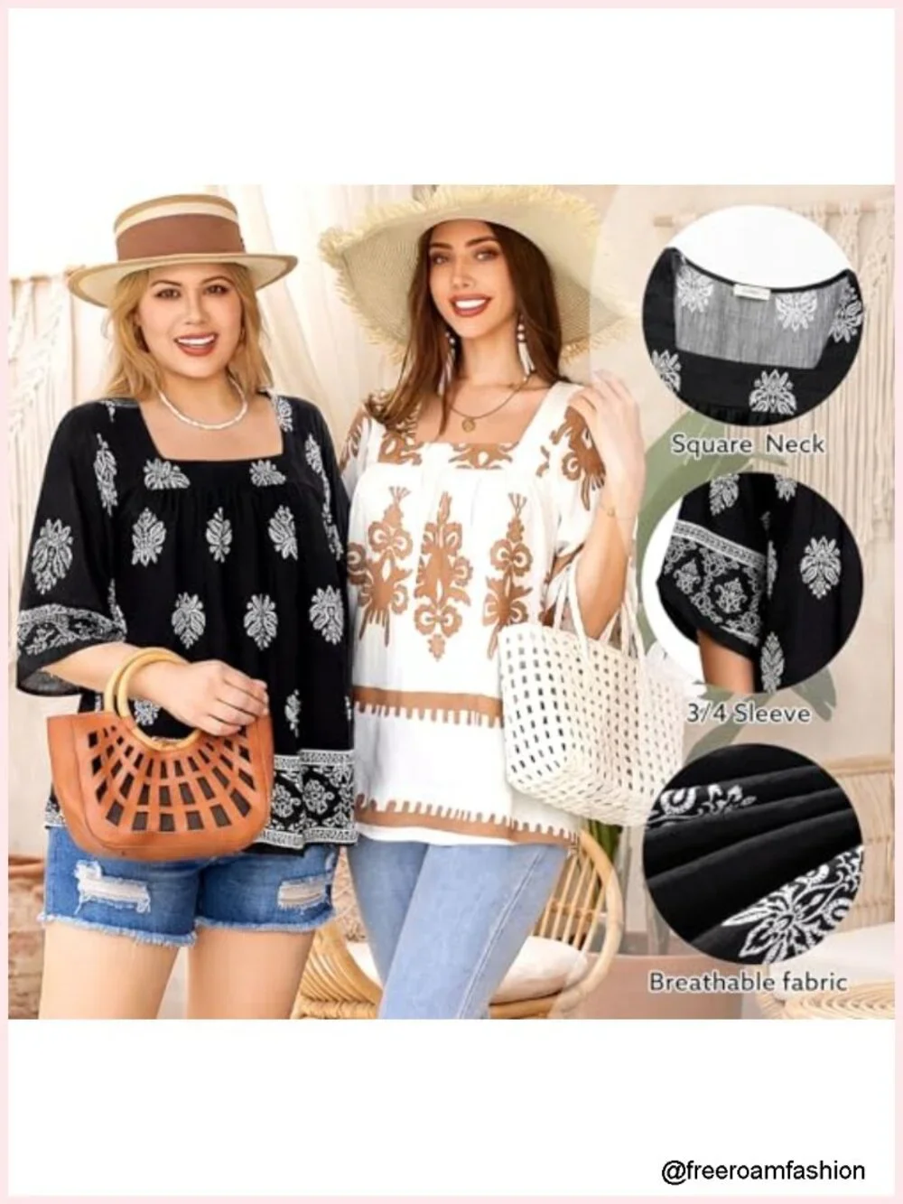 Plus Size Boho Peasant Blouse Square Neck 3/4 Sleeve Chiffon Tunic Top
